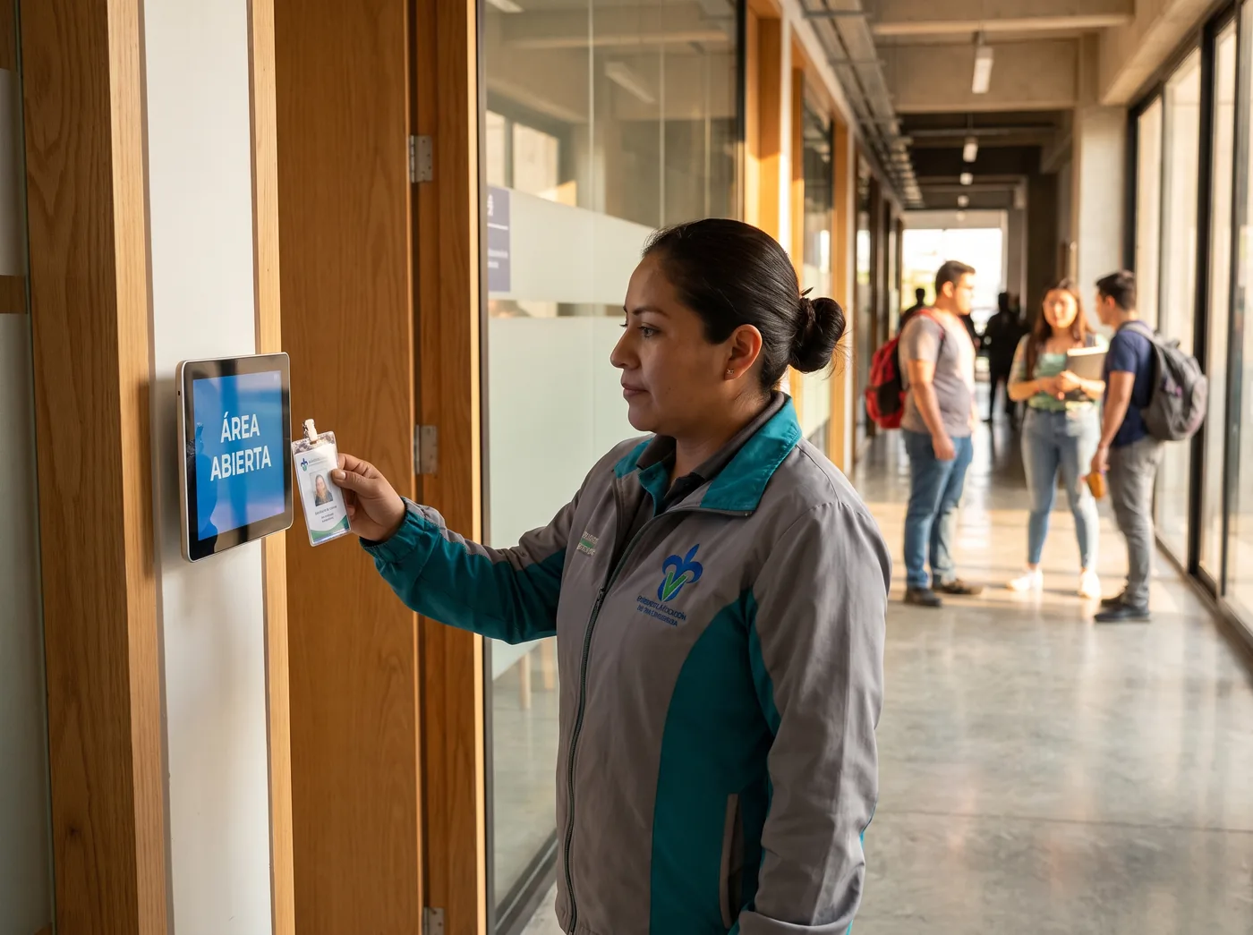 Trabajadora de limpieza acercando su gafete a la tablet del muro en el pasillo de una universidad, con estudiantes al fondo