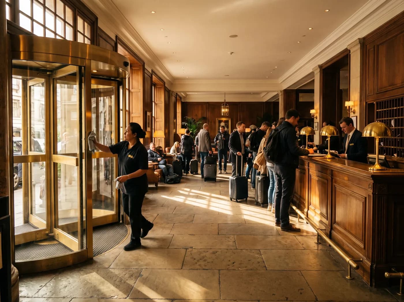 Vestibulo de hotel con huespedes registrandose y una trabajadora puliendo la puerta de cristal